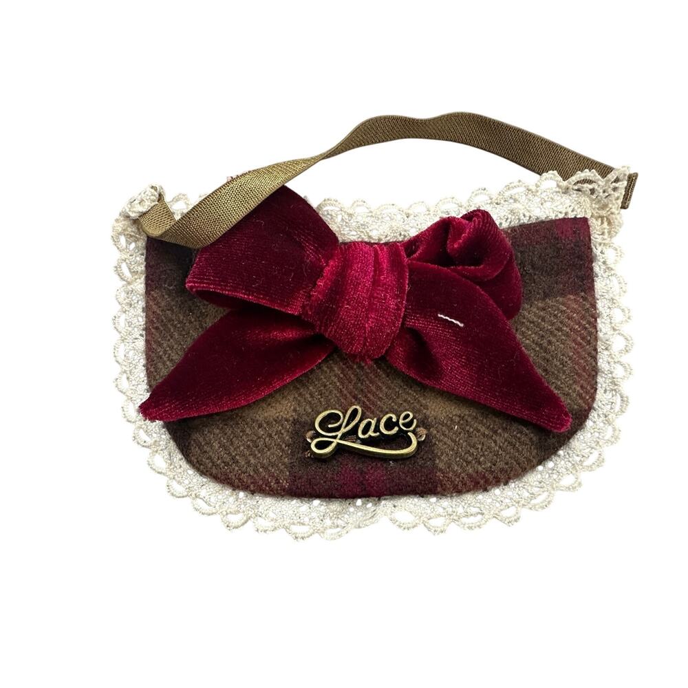 Lacemade Pet Bib Collar Evil Cat Brown Plaid Velvet Bow Lace Trim